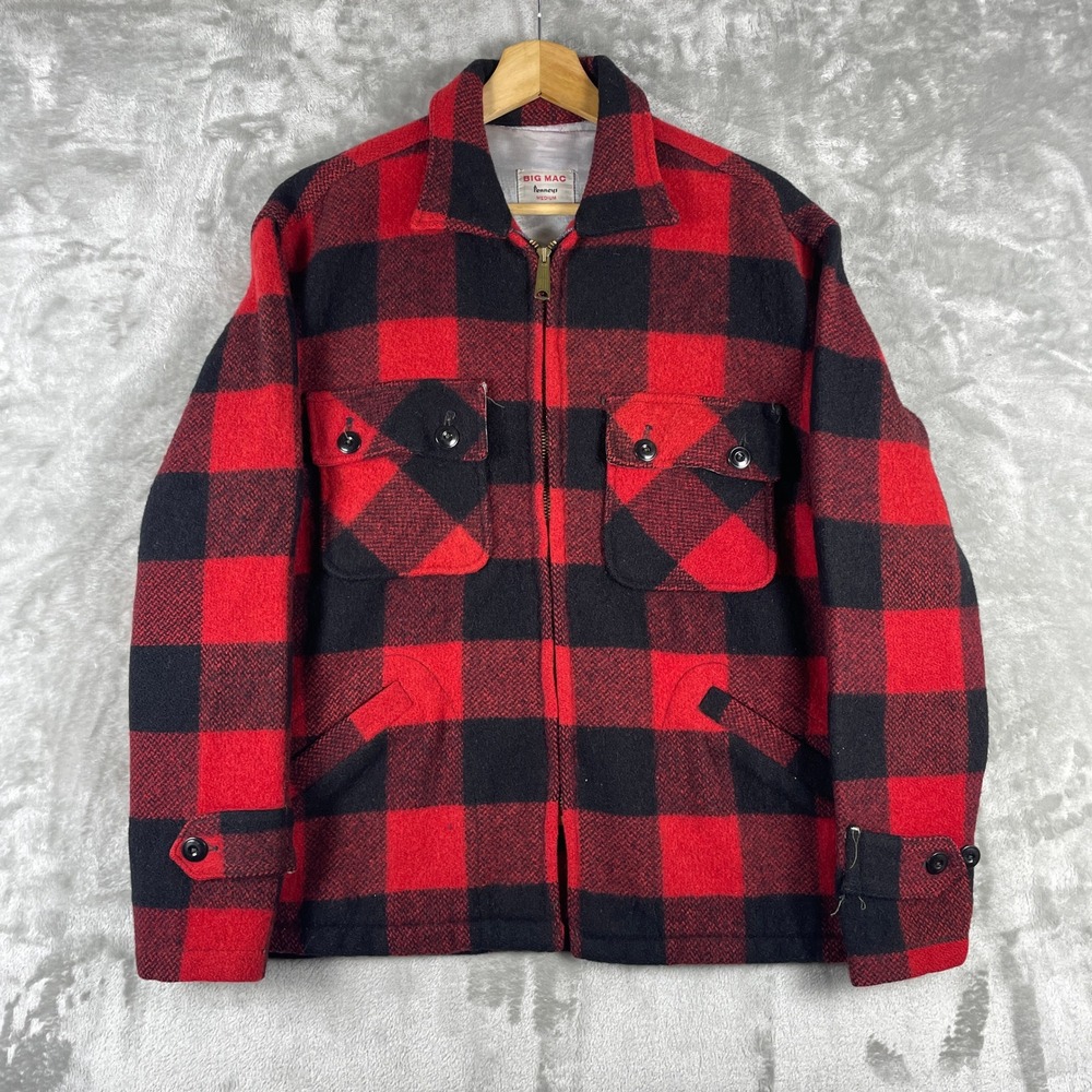 Vintage 50s Big Mac Penneys Jacket Mens Medium Red Buffalo Plaid Wool TALON Zip